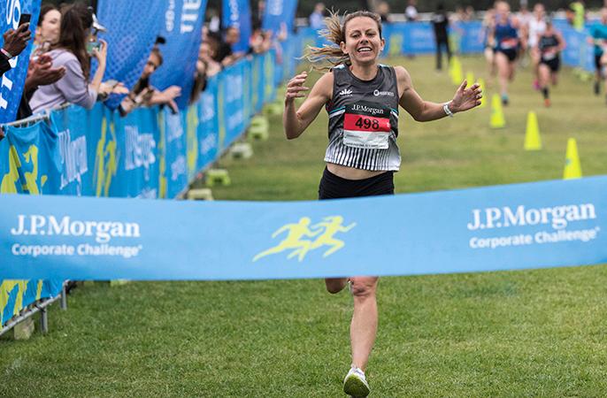 Emma Collyer of MI Associates earned her first J.P. Morgan Corporate Challenge individual title with an impressive time of 19:41.